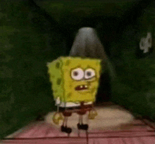 spongebob squarepants is standing in a dark room with a lamp on his head .