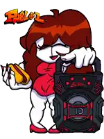 a cartoon of a woman holding a hot dog next to a speaker with the letter gf on it