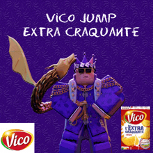 a purple poster with a cartoon character and a box of vico