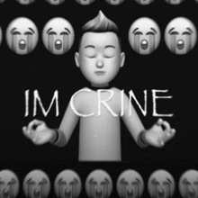 a black and white photo of a cartoon character with the words im crine written on the bottom