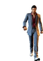 a man in a suit and red shirt is walking