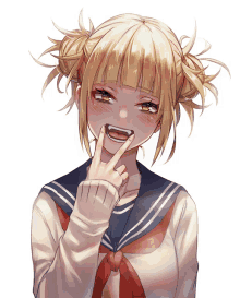 a girl with blonde hair is wearing a sailor uniform and making a funny face