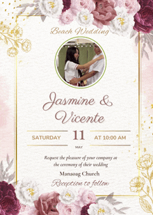 a wedding invitation for jasmine and vicente on saturday may 11th at 10:00 am