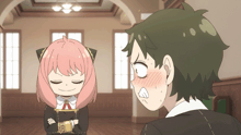 a boy and a girl are standing next to each other with their eyes closed