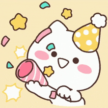 a cartoon of a cat wearing a party hat holding a confetti cannon