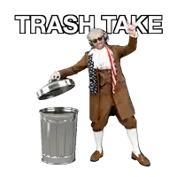 a man in a brown suit is standing next to a trash can that says trash take on it