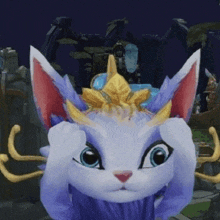 a purple and white cat with a crown on its head .