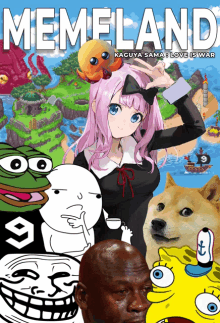 a memeland poster shows a girl surrounded by various cartoon characters