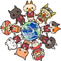 a group of cartoon cats holding hands around a globe with chinese writing on it