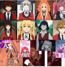 a collage of anime characters including a girl with red hair and a man in a suit