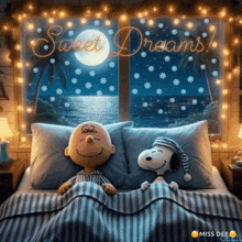 charlie brown and snoopy are sleeping in a bed under a window that says sweet dreams .