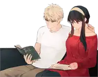 a man and a woman are sitting on a couch reading a book titled " the c "
