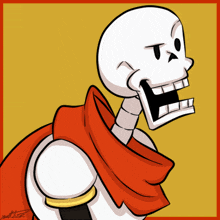 a cartoon drawing of a skeleton wearing a red cape