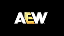 the aew logo is white and gold on a black background