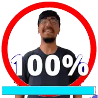 a man wearing glasses is smiling in front of a red circle that says 100 %