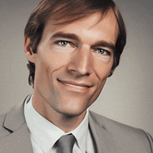 a man wearing a suit and tie is smiling for the camera