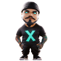 a man with a beard is wearing a black shirt with a large x on it