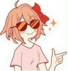 a cartoon girl wearing sunglasses and a red bow is pointing at something .