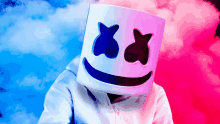 a person wearing a marshmallow mask with a smiling face on it