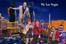 a group of people standing in front of a casino with the words mr las vegas on the bottom