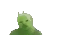 a pixel art of a green frog with its hands up .