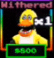 a yellow duck is sitting in front of a sign that says `` withered '' and a price tag .