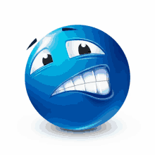 a blue smiley face with big teeth and a very angry expression