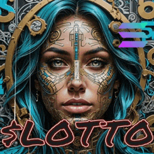 a woman with blue hair has a tattoo on her face and the word lotto on the bottom right