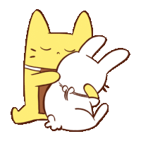 a yellow cat is hugging a white rabbit