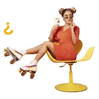 a woman wearing roller skates is sitting on a chair and holding a cup of coffee