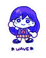 a cartoon drawing of a girl with purple hair and the word wave below her