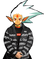 a cartoon character is wearing a jacket that says yasu on it