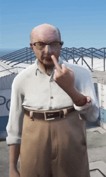 a bald man wearing glasses and a white shirt gives the middle finger