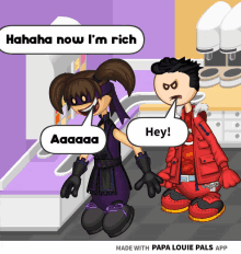 a cartoon of a man and a girl talking with a speech bubble that says " hahaha now i 'm rich "