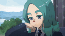 a cartoon character with green hair and a blue eye
