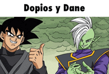 a cartoon character giving a thumbs up with the words dopios y dane below them