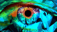 a colorful painting of a person 's eye with purple glasses written on the bottom right
