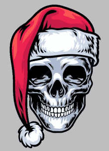 a skull is wearing a santa hat on a grey background