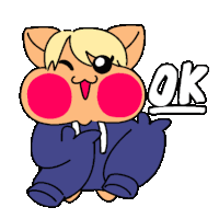 a cartoon drawing of a cat wearing a blue hoodie with the word ok on it