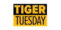 a yellow and black sign that says tiger tuesday on it