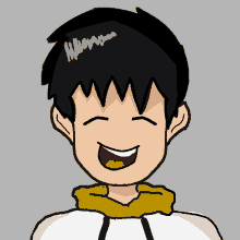 a drawing of a boy with black hair and a yellow hoodie smiling