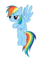 a blue pony with a rainbow mane and tail is standing with its arms crossed