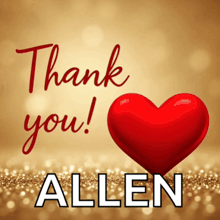 a thank you card for allen with a red heart in the foreground