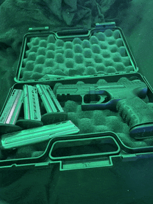 a green case with a gun and magazines inside