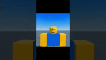 a yellow and blue roblox character with a smiley face on his face is standing in front of a blue sky .