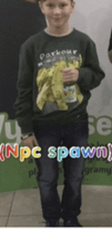 a boy wearing a shirt that says npc spawn on it