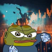 a frog with diamonds in his hands stands in front of a graph that says +111,00