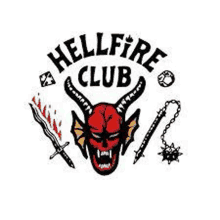 the logo for hellfire club has a devil 's head with horns , a sword , and a mace .