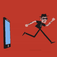 a cartoon man is running towards a cell phone