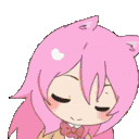a cartoon girl with pink hair and a cat ear is sitting down with her eyes closed .